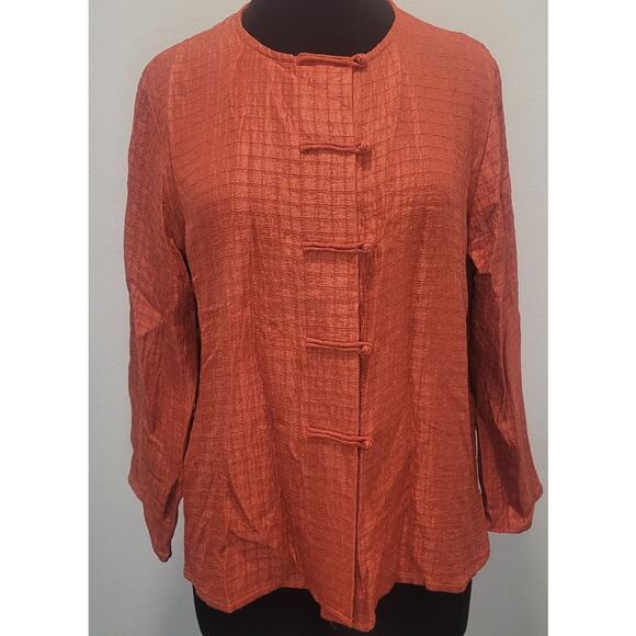 Eileen Fisher Luxury Burnt Orange Silk Asian Inspired Mandarin Collar Jacket M - Picture 1 of 7